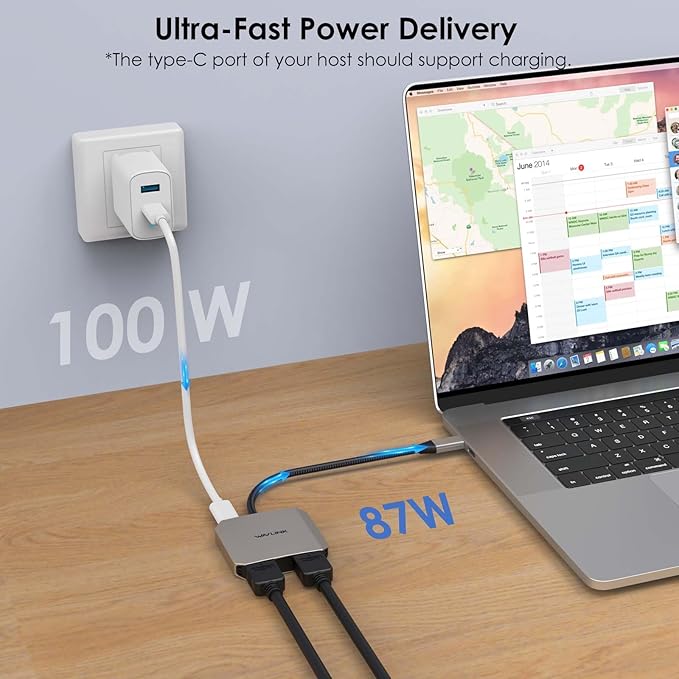 USB C to Dual HDMI Adapter, WAVLINK Dual Monitor Adapter with Dual HDMI, 87W PD for Dell XPS/HP/Lenovo/Surface/Type C Laptop/Windows System Only