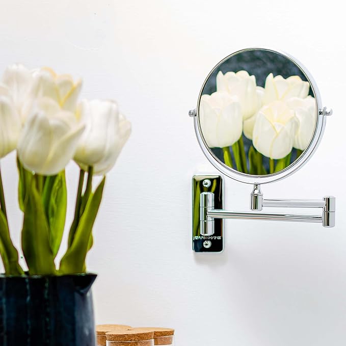 OVENTE 7" Wall Mounted Makeup Mirror with 1X/7X Magnification, Double Sided Magnifying Round Bathroom Vanity Mirror, 360° Swivel Design, Extendable and Folding Arm, Polished Chrome MNLFW70CH1X7X