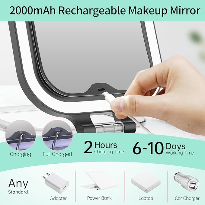 FASCINATE 20X Magnification Rechargeable Travel Makeup Mirror, 7" Lighted Portable Vanity Mirror with 3 Colors Lighting & Stepless Dimming, Double Sided LED Mirror, Gift for Women (Black)