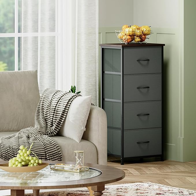 Somdot Tall Dresser for Bedroom, 4 Drawer Storage Organizer Chest of Drawers with Removable Fabric Bins for Living Room Closet Bedside Nursery Laundry Entryway Hallway, Charcoal Grey