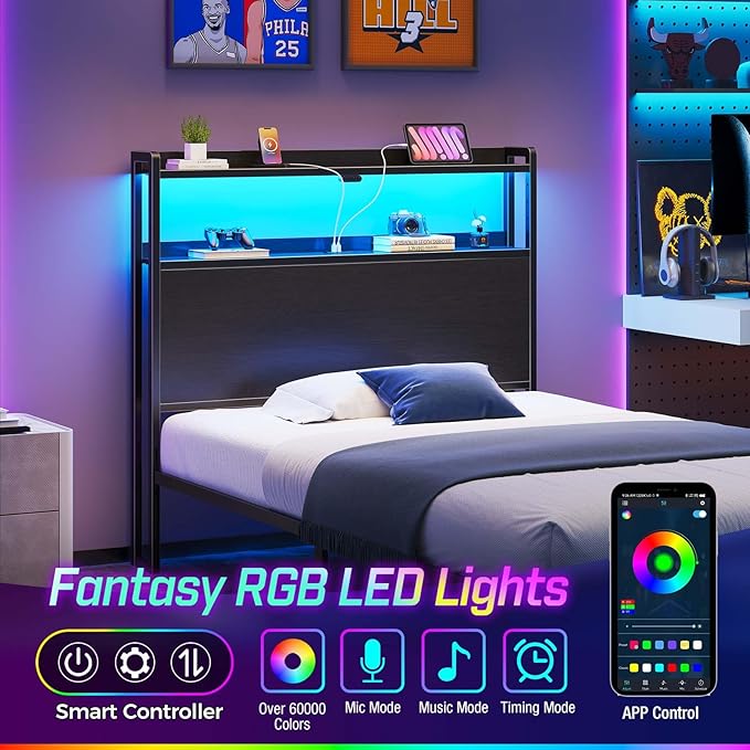 Rolanstar Headboard for Twin Size Bed with Storage, 60,000 DIY Color of LED Light, Head Board with USB & Type C Port, Height Adjustable, Black Cabeceras de Cama Comfortable Modern, Wood