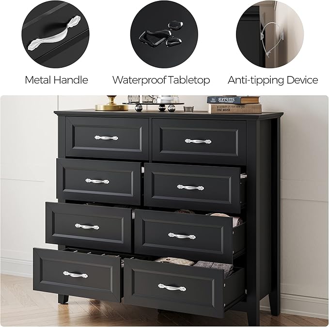 LINSY HOME 8 Drawers Dresser for Bedroom, Black Wood Dresser with Metal Handle, Farmhouse Tall Chest of Drawers with 1 pcs Fabric Divider Organizer, Storage Organizer for Living Room, Closet, Hallway