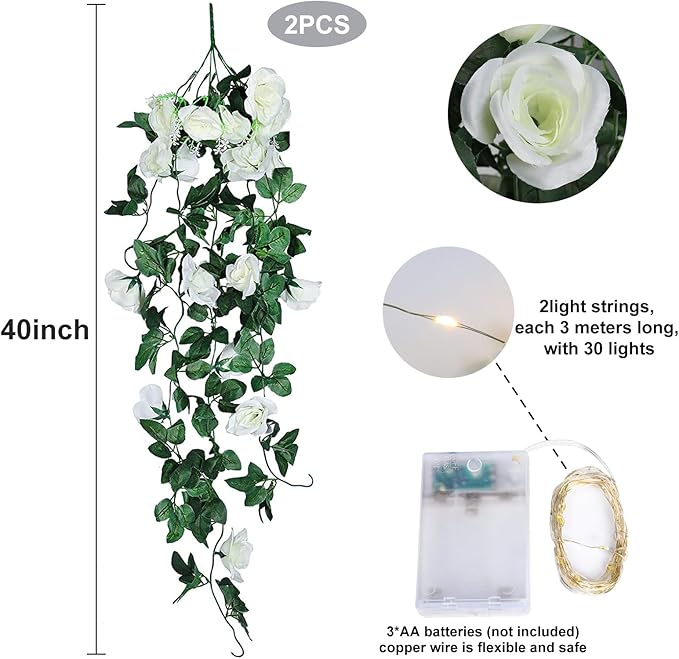 RECUTMS Artificial Plants Hanging 2Pieces 3.3Ft Rose Plant Flowers Vines Wedding (White)