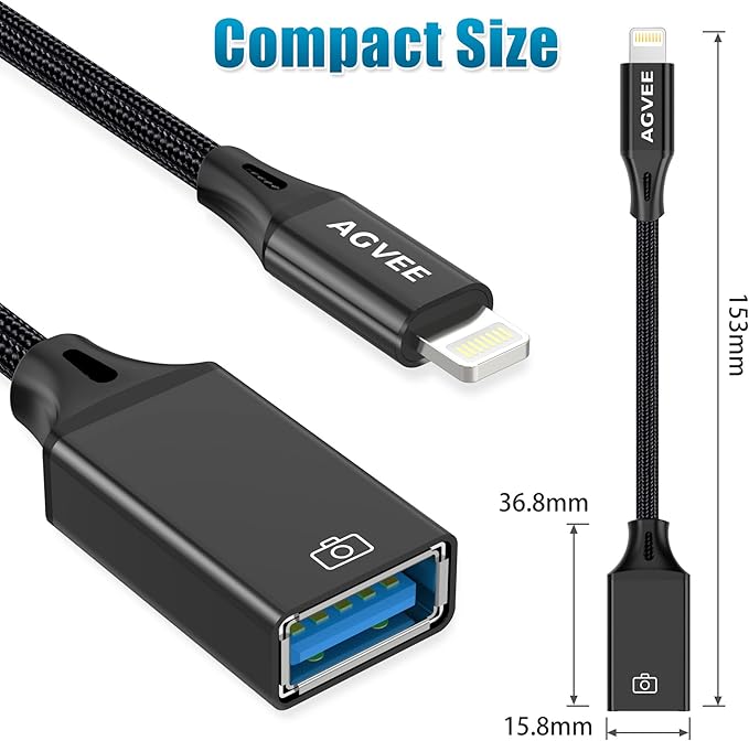 AGVEE 4 inch Lightning to USB Female Camera Adapter, OTG Cable for iPhone iPad to Connect Card Reader, USB Flash Drive, MIDI, Keyboard, Mouse, Hubs, Plug & Play, Black