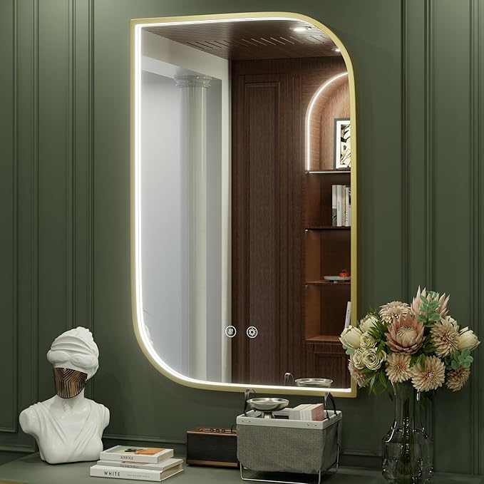 40x24 Inch Gold LED Bathroom Mirror, Adjustable 3000K/4500K/6000K, Irregular Framed Lighted Bathroom Vanity Mirror with Lights, Anti-Fog, Stepless Dimmable, Wall Mounted