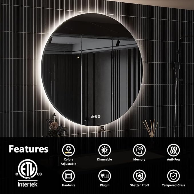 ROOMTEC 40" LED Round Mirror, Wall-Mounted, 6000K Backlit, Dimmable Lighted Bathroom Vanity, Anti-Fog