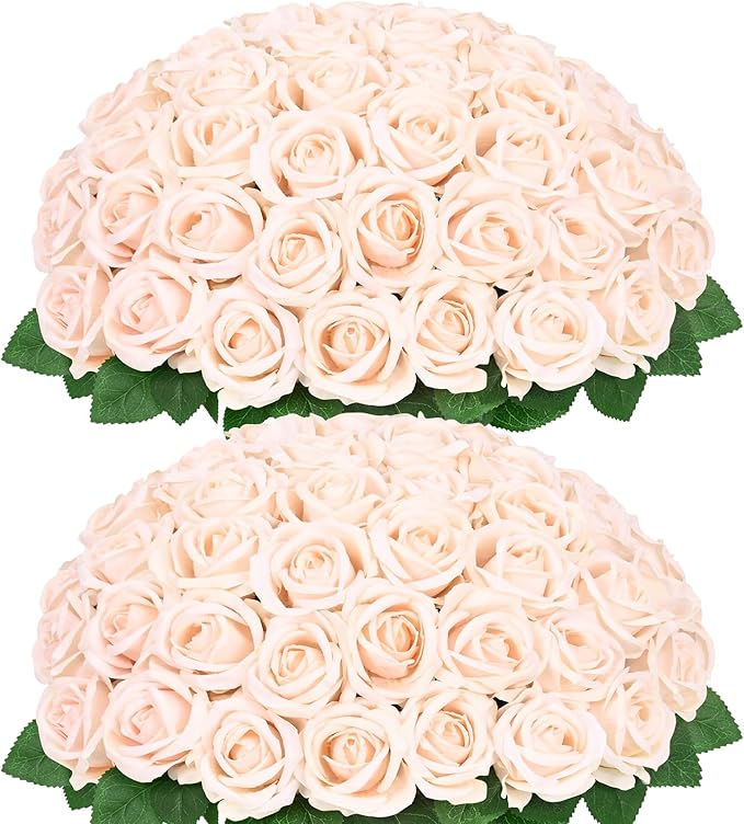 BLEUM CADE 50 Pcs Champagne Roses Artificial Flowers, Real Touch Velvet Roses Fake Flowers Bulk, Artificial Roses Bouquet with Long Stems Bridal DIY Wedding Party Centerpiece Decorations