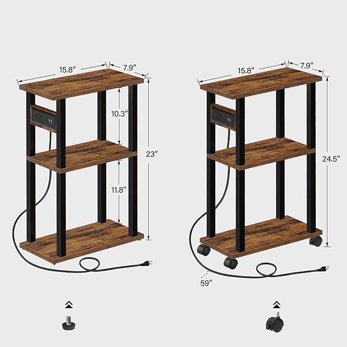 TUTOTAK Small Narrow Side Table with Charging Station, Skinny End Table for Small Spaces, Slim Nightstand with USB Ports and Outlet, Sofa Beside Table with Wheels, Brown TB01BB046