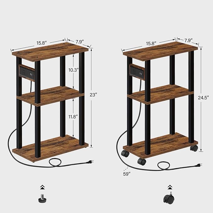 TUTOTAK Small Narrow Side Table with Charging Station, Set of 2 Skinny End Table for Small Spaces, Slim Nightstand with USB Ports and Outlet,Sofa Beside Table with Wheels, Brown TB01BB047
