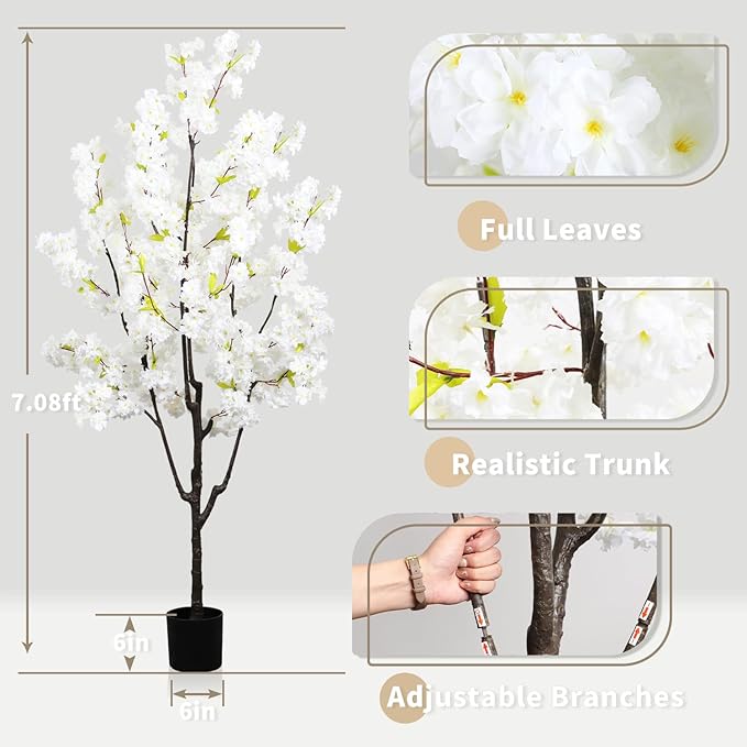 Indoor Cherry Blossoms Tree White Artificial Cherry Blossom Tree 6FT Faux Bedroom Trees for Home Decor