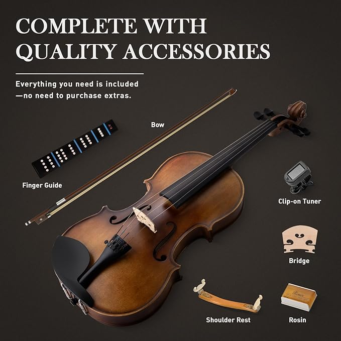 SONICAKE Violin 4/4 Full Size Set, Fiddle Solidwood for Beginners Adults, Acoustic Violin with Hard Case, Shoulder Rest, Rosin, Two Bows, Clip-on Tuner and Extra Strings, QVL-01
