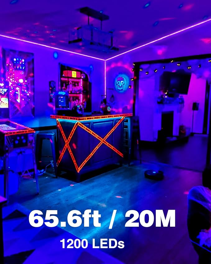 Onforu 65.6ft LED Black Light Strip, 1200 Units Lamp Beads, 12V Flexible Blacklight Fixtures, 20m LED Ribbon, Non-Waterproof Black Lights for Glow Party, Indoor Birthday Halloween Party, Body Paint