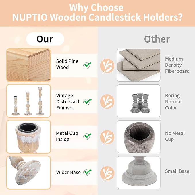 NUPTIO Taper Candle Holders Boho: Set of 6 Tall Wooden Candlestick Holder for Thanksgiving Table Centerpieces Decoration
