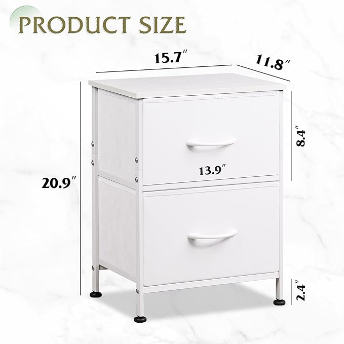 WLIVE White Nightstand, 2 Drawer Dresser for Bedroom, Small Night Stand with Fabric Drawers, Bedside Furniture, End Table for Bedroom, Closet, Entryway, College Dorm