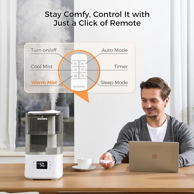 BOXING 6L Warm & Cool Mist Humidifiers for Bedroom, Air Humidfier for Large Room with Remote Control, Auto Mode Perfect for Baby & Plants, Top Fill, Sleep Mode, Timer, Essential Oil Tray, 60H