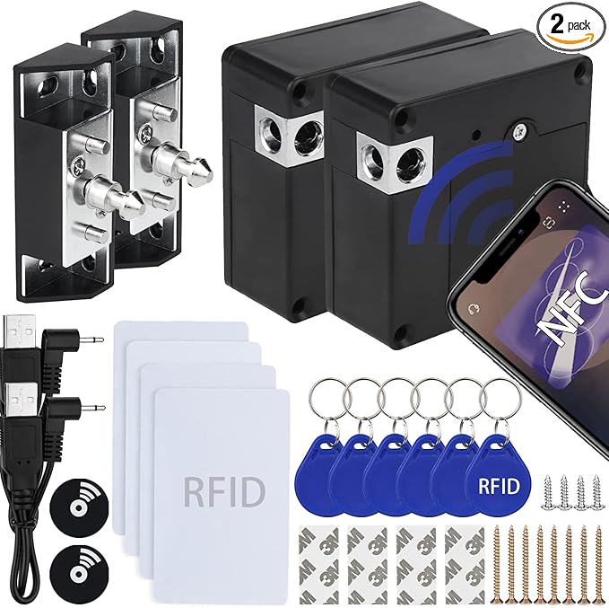 RFID Cabinet Lock, 2 Pack RFID Drawer Electronic Locks Support Phone NFC Unlocking for Locking Wooden Hidden Medicine Knife Liquors Cabinet Drawer to Prevent Theft or Children from Touching