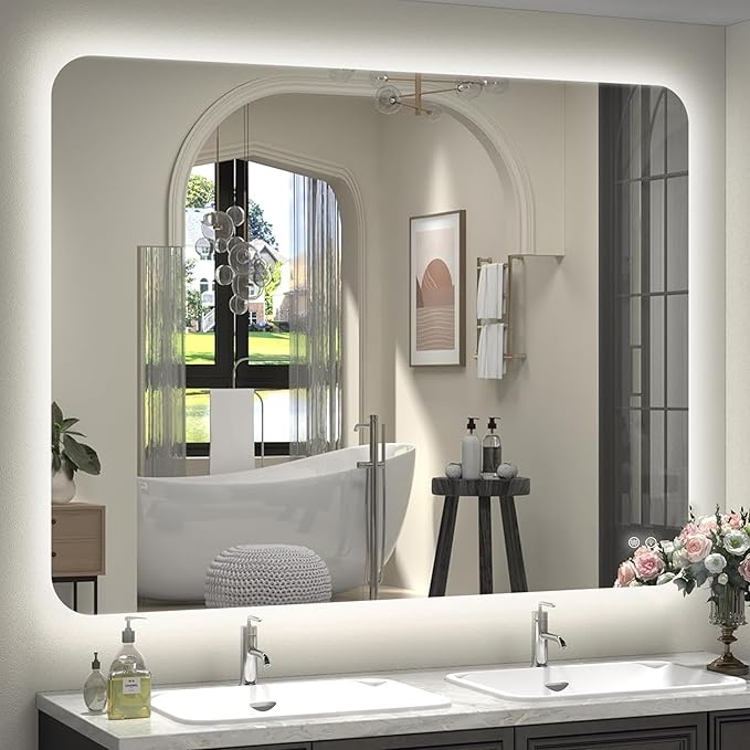 48''x30'' Lighted Mirrors for Bathroom Wall Backlit Rectangular Rounded Corners, LED Bathroom Mirror Frameless with Lights Anti Fog, Dimmable, 3 Colors,Tempered Glass, Shatter-Proof