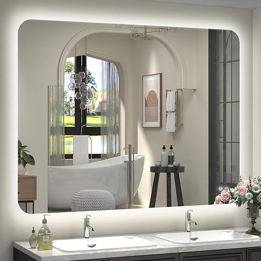 48''x30'' Lighted Mirrors for Bathroom Wall Backlit Rectangular Rounded Corners, LED Bathroom Mirror Frameless with Lights Anti Fog, Dimmable, 3 Colors,Tempered Glass, Shatter-Proof