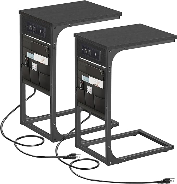 TUTOTAK C Shaped End Table with Charging Station, Side Table for Sofa, Couch Table with Storage Bag, Set of 2, TV Tray Table with 2 USB Ports and Outlets for Living Room, Bedroom, Black TB01BK0242