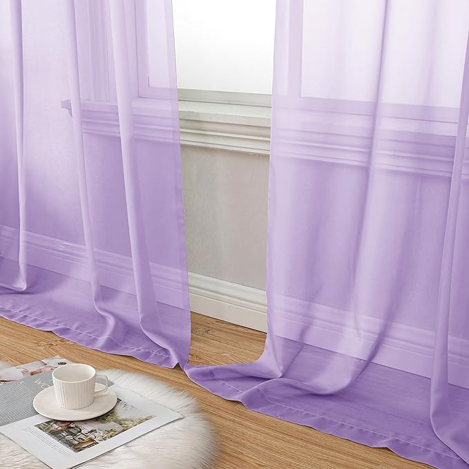 Aiyufeng Light Purple Sheer Curtain Panels Pair Sold 54 Inch Length, Light Filtering Window Curtain Drapes Treatment for Kitchen, Bedroom/Children Room, Voile Top Dual Rod Pocket, 2 Pack of 42 x 54"