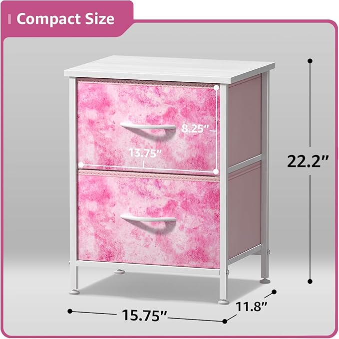 Sorbus Nightstand with 2 Drawers - Kids Bedside Furniture End Table Night Stand - Steel Frame, Wood Top & Easy Pull Fabric Bins - Dresser & Chest for Home, Bedroom Accessories, Office & College Dorm