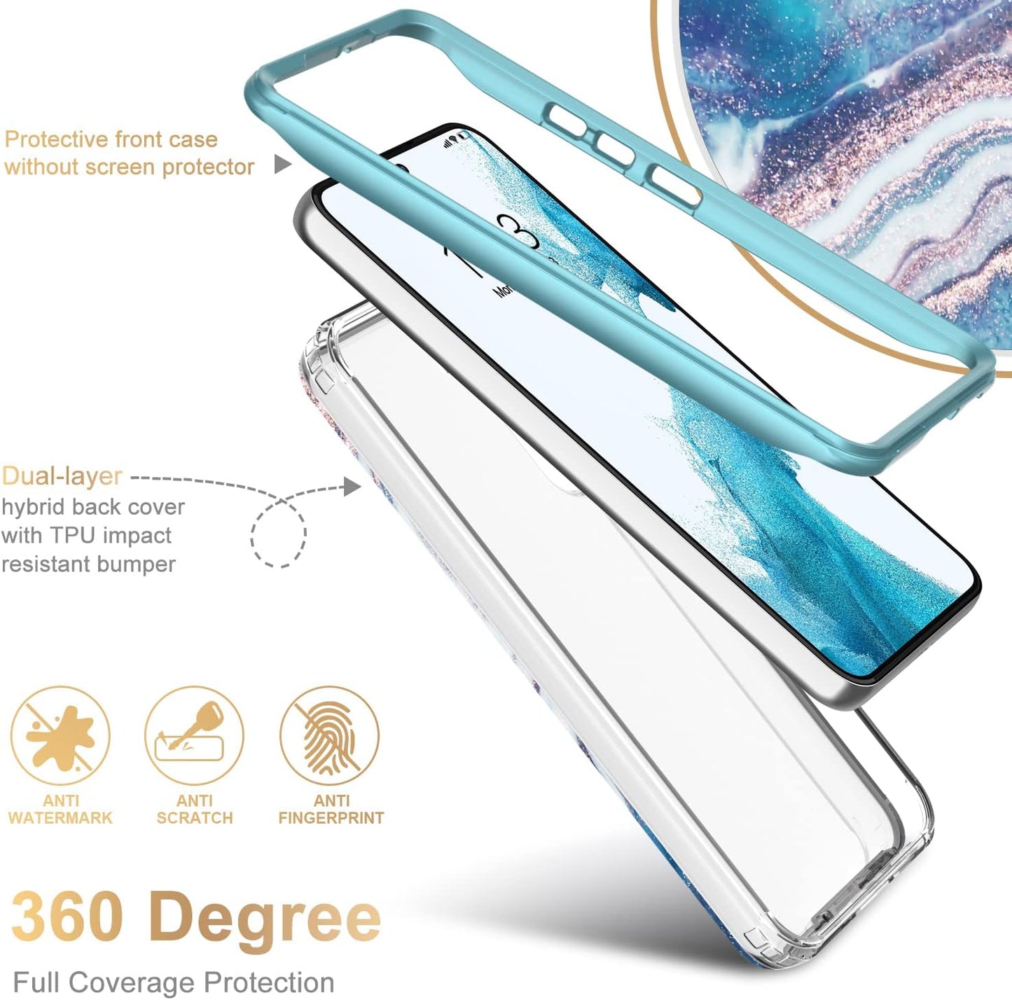 Esdot Military Grade Case for Samsung Galaxy S22 - Rugged Cover with Fashionable Designs for Women Girls, Opal Marble