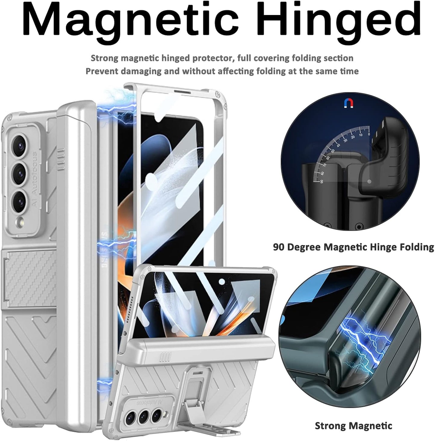 Miimall Samsung Galaxy Z Fold 4 5G Case with Built-in Tempered Glass Protector, Magnetic Hinge, Kickstand, Silver