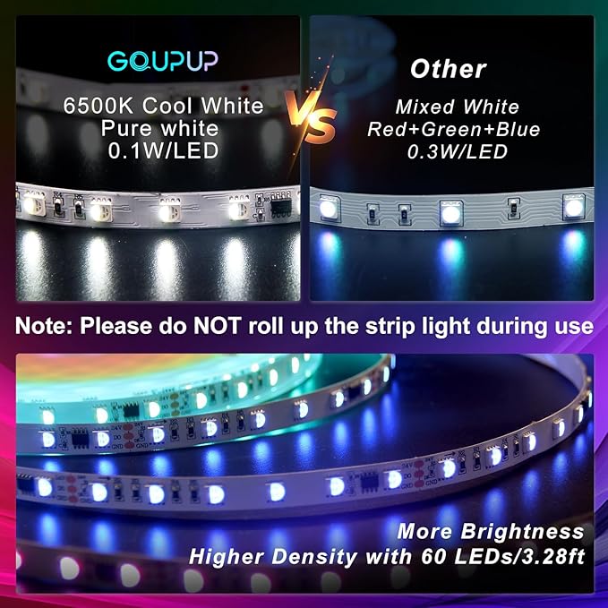 GUPUP 16.4 FT Smart RGB IC RGB LED Strip Lights for Bedroom, 5050 LED Lights for Room, DIY Multiple Colors on One Line, Color Changing Strip Lighting Music Sync, Halloween, Christmas