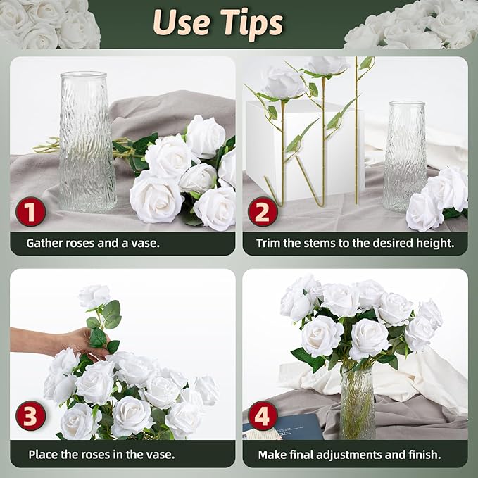 White Roses Artificial Flowers 50 Pack in Bulk, Fake Roses Flowers Realistic Roses for Wedding Home Party Decoration Event Gift (White)