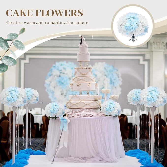 Zeyune 100 Pcs Hydrangea Artificial Flowers, Silk Flower Heads with Stems, Fake Hydrangea Bouquet for Wedding Arch Centerpiece DIY Floral Home Decoration (White and Blue)