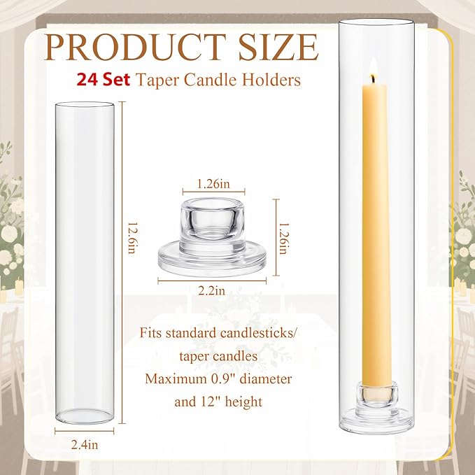 24 Set Glass Hurricane Candle Holders 11.8" Open Ended Glass Candleholder Tube Shape Bottomless and 1.26" Taper Clear Candlestick Holders for Wedding Party Table Centerpiece