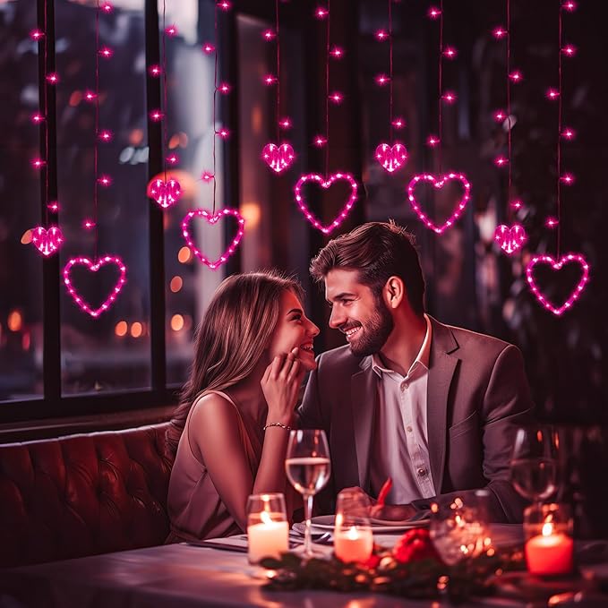 Valentines Day Decor, Pink Love Heart String Lights for Bedroom, 12 Hearts 138 LED Fairy Twinkle Lights with Remote, 8 Lighting Modes Connectable Window Lights for Valentine's Day Wedding Home Decor