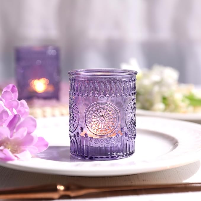 24pcs Purple Votive Candle Holders for Table Centerpieces, Glass Tea Lights Candle Holder for Bridal Shower, Baby Shower Decrations, Boho Tea Party Purple Decor, Gifts for Women