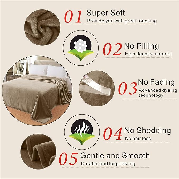 Fleece Blankets for All Season - Premium Lightweight Anti-Static Throw for Travel Size Bed Extra Soft Brush Fabric Warm Sofa Thermal Blanket 51" x 60"(Taupe)