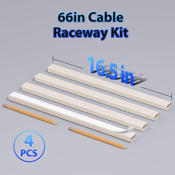 66in (4X L16.5in) Large Wire Hiders for TV on Wall for 3-4 Cords - ZhiYo PVC Cable Cover Kit with Pre-Applied Adhesive Tape, Ideal for Wall Mounted TVs Home Office, W1.2in x H0.7in Beige