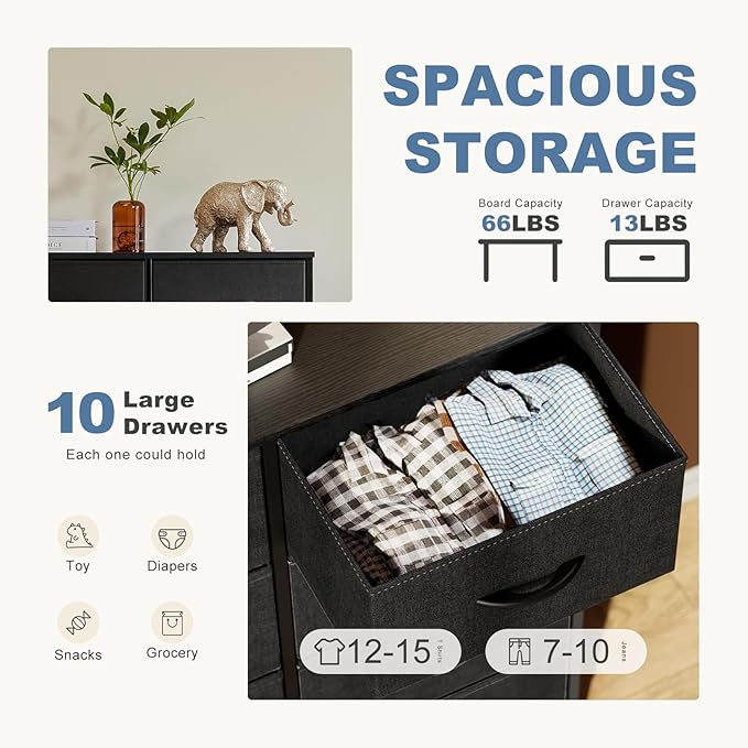 DUMOS Dresser for Bedroom, 10 Storage Drawers, Wide Fabric Closet Chests Organizer Tower Furniture with Wooden Top Metal Frame for Clothes, Guest Room, Living Room, Hallway, Entryway