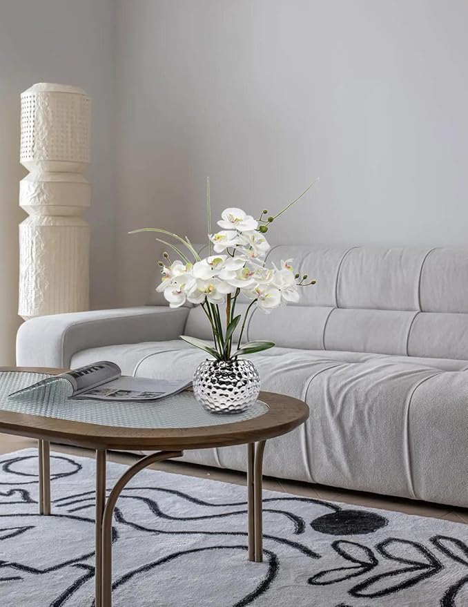 Orchids Artificial Flowers 20.8'' Faux Orchid Flower Arrangement Fake Orchid White Flower with Silver Ceramic Vase Phalaenopsis Orchid for Home Office Bathroom Table Centerpieces Decor, Briful