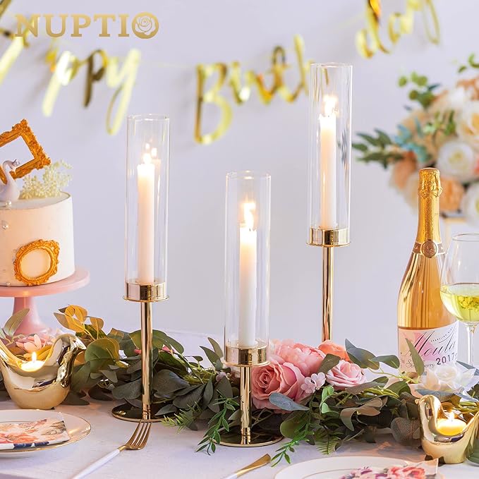 Nuptio Glass Hurricane Candle Holder: Set of 6 Gold Candlestick Holders - Long Stem Taper Candleholders for Christmas Tabletop Centerpiece Fireplace Decor Cylinder Candle Stand Windproof 14" 16" 18"