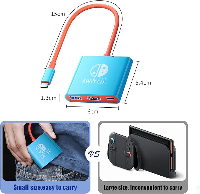 USB C to HDMI Adapter for Switch, Dock 3 in 1 TV Adapter with 4K HDMI Cable, 100W Type C Charging, Compatible with Switch, Steam Deck, Smartphones, PC (bleu)