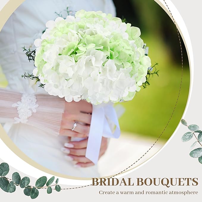 Zeyune 100 Pcs Hydrangea Artificial Flowers, Silk Flower Heads with Stems, Fake Hydrangea Bouquet for Wedding Arch Centerpiece DIY Floral Home Decoration (White and Green)