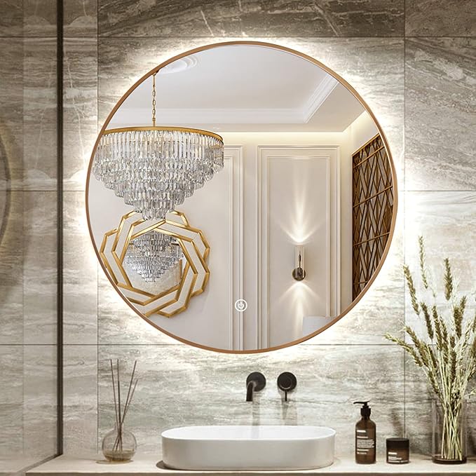 24" Round LED Bathroom Mirror, Wall Mounted Round Backlit Mirror LED Bathroom Vanity Mirror with Light Fog Free Circle Lighted Mirror with Gold Frame, Smart Light up Mirror 3-Color