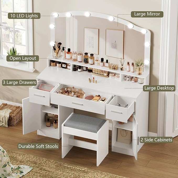 usikey 43.3” Vanity Desk with Large Mirror and Lights, Makeup Vanity with 3 Lighting Color Adjustable, Dressing Table Set with Storage Cabinet, Drawers and Chair for Girls Bedroom, White