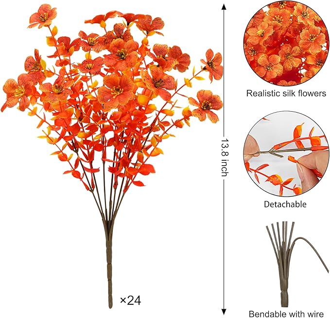 Ouddy Decor 24 Bundles Artificial Fall Flowers for Outdoors, Fake Mums Silk Flowers UV Resistant Faux Plastic Plants for Garden Porch Farmhouse Fall Autumn Harvest Thanksgiving Home Decor, Orange