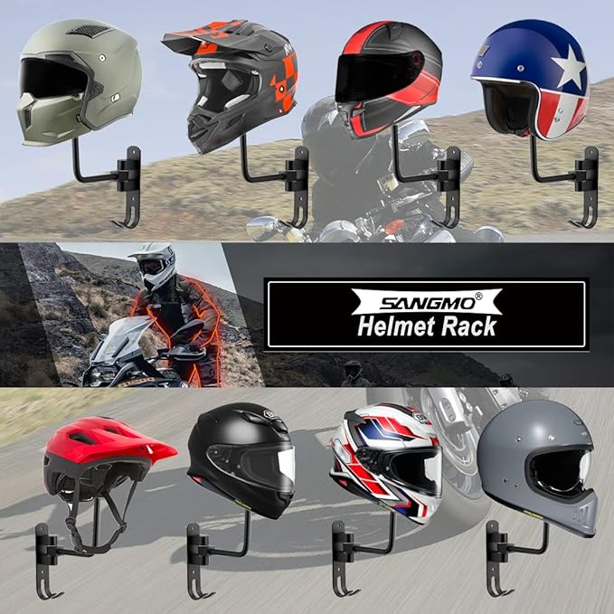 SANGMO 180° Motorcycle Helmet Rack, 4 Pack Rotation Metal Helmet Holder Wall Mount, Helmet Holder Bike with 2 Hooks Helmet Hanger for Motorcycle Bike Coats, Caps, Baseballs, Rugby Helmet (Black)