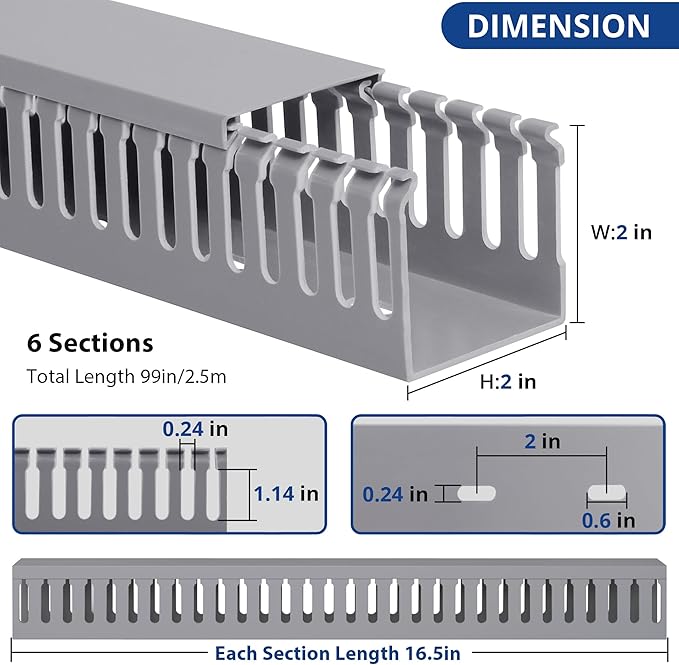 ZhiYo 2 x 2in Professional Server Rack Cable Management Raceway, 99in(6X L16.5in) Cable Raceway Kit, Electrically Safe PVC Open Slot Wire Raceway for Under Desk/Computer/Network Cords, Grey