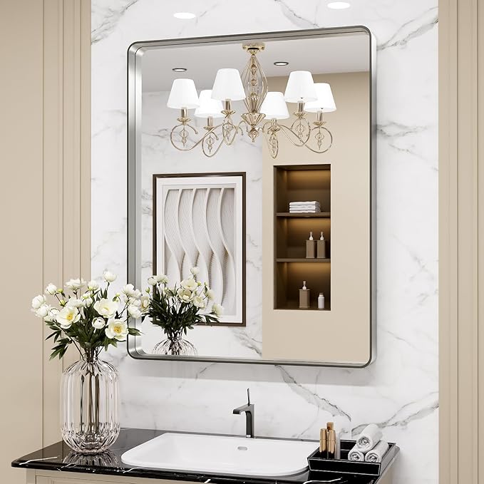 LOAAO 28X36 Inch Brushed Nickel Bathroom Mirror, Rounded Rectangle Silver Metal Frame Mirror, Brushed Nickel, Anti-Rust, Shatter Proof, Hangs Horizontally or Vertically