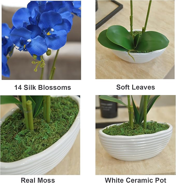 Large Artificial Potted Orchid Plant, Silk Flower Arrangement with Ceramics Vase, Navy Blue