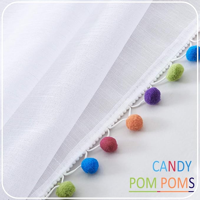 Treatmentex White Linen Sheer Curtains for Living Room 95" Long Colorful Pompoms Kids Window Draperies for Nursery Room Baby Voiles 2 Panels