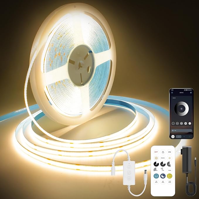 COB LED Strip Lights Warm White,24V Dimmable led Light Strip KIT with Remote and app Control,3000K 24FT/7.5m 8mm Wide Ra>90 Cuttable Flexible Strip Lights for Bedroom,Shelf,Cabinet