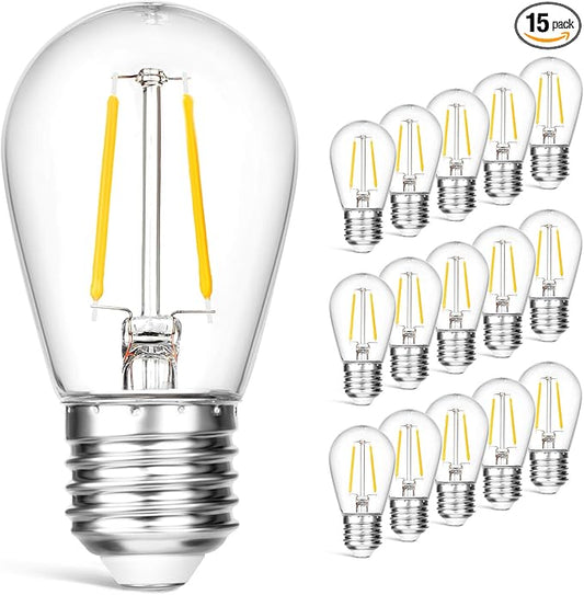 15 Pack Dimmable Shatterproof S14 LED Replacement Outdoor String Light Bulbs, 2700K 2W Plastic LED E26 Medium Screw Base Edison Bulbs Equivalent to 11-25 watt